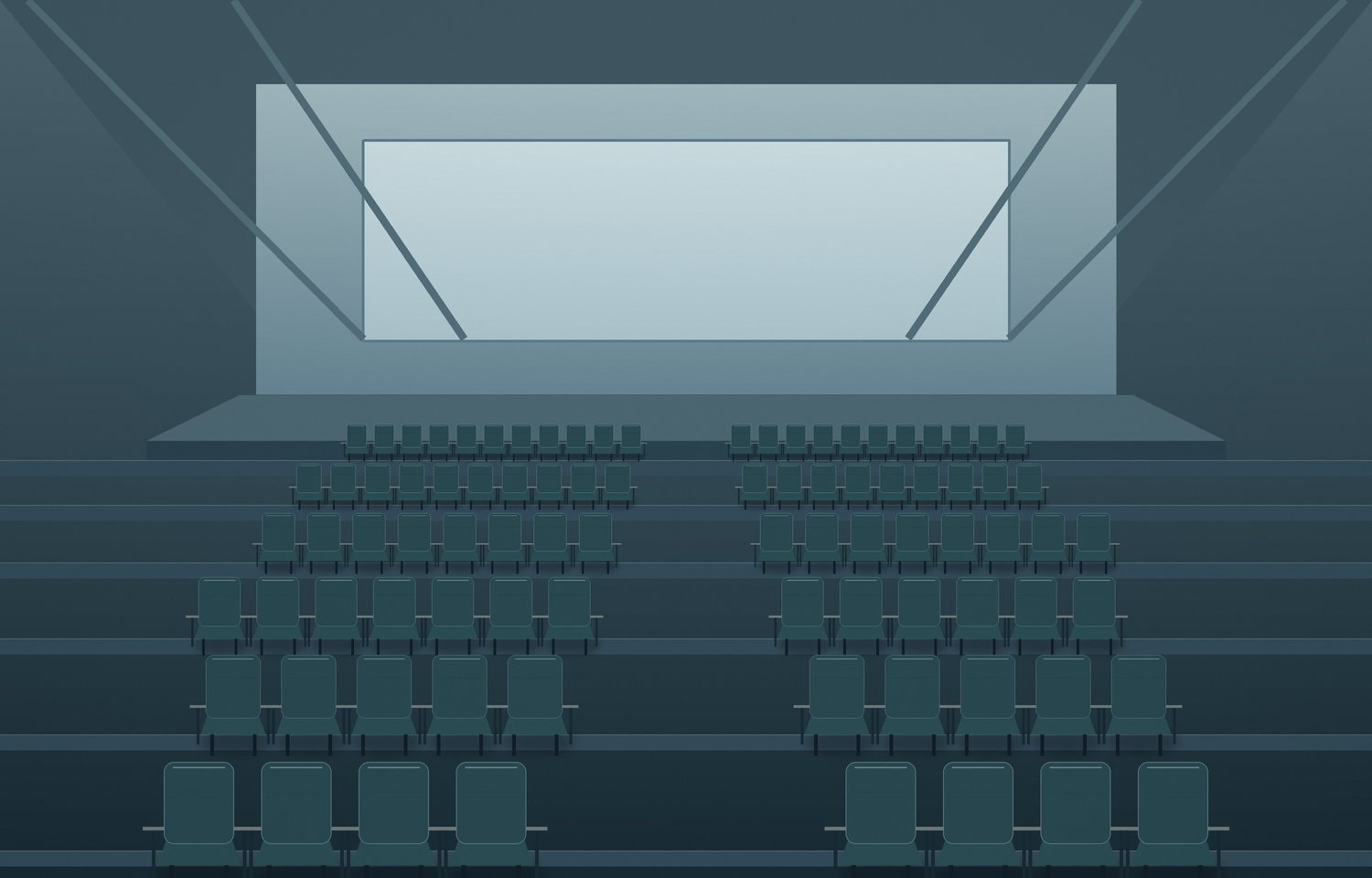 Rows of dark folding seats in an empty tiered lecture theatre.