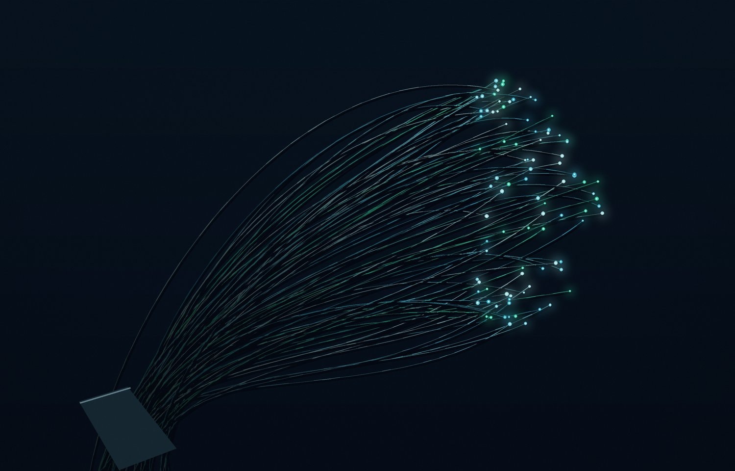A curved bundle of fine fibre-optic strands with glowing blue and green ends.