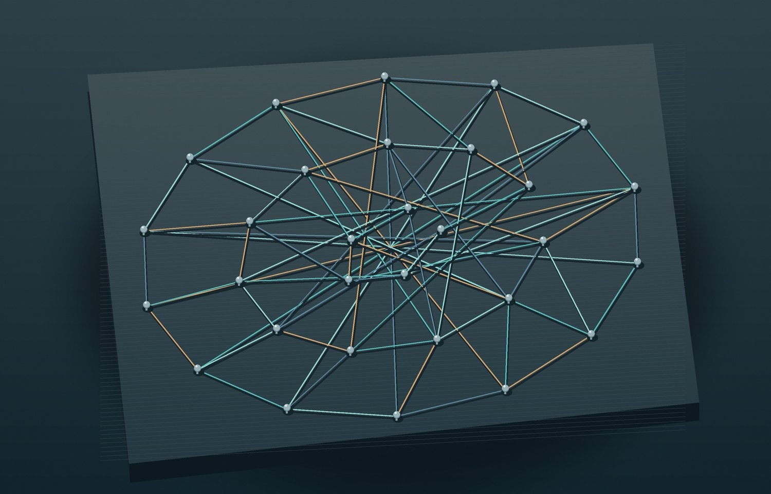 Coloured threads stretched between metal nails on a dark board.