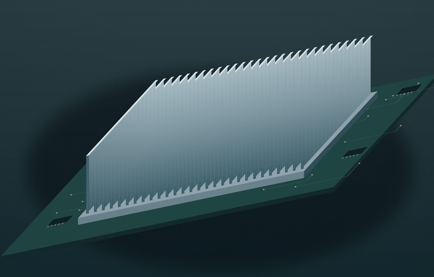 Parallel silver heat-sink fins above a green circuit board.