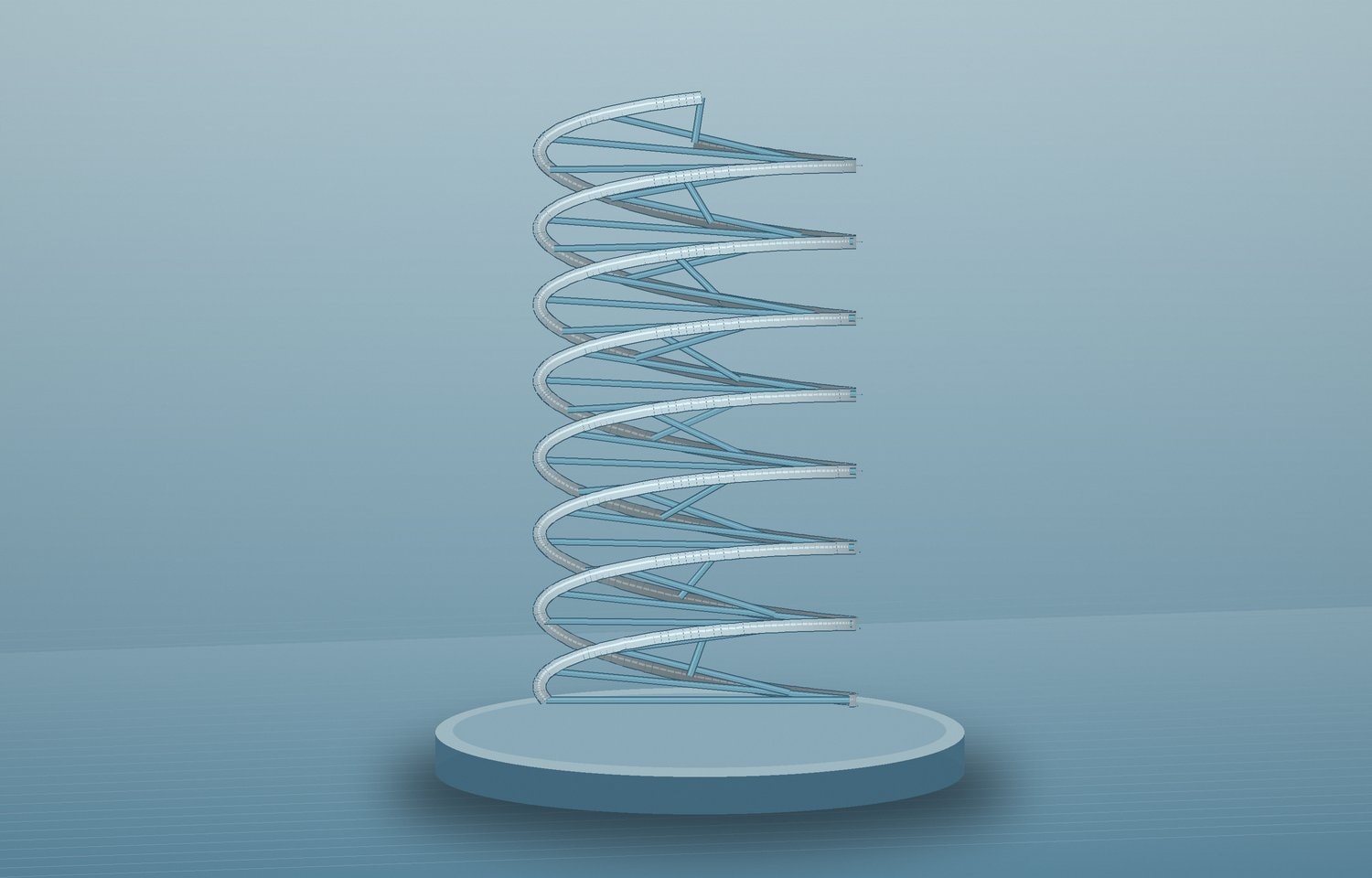 A silver helical wire sculpture on a circular base on a pale bench.
