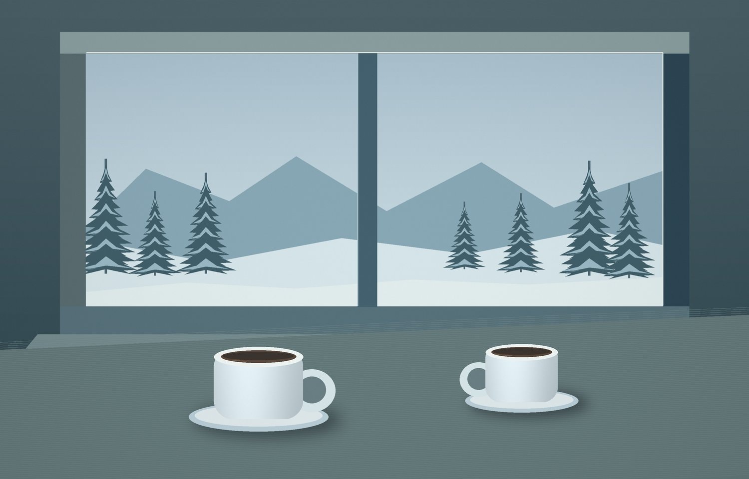 Two unmarked coffee cups on a wooden table beside a window overlooking snowy pine trees.