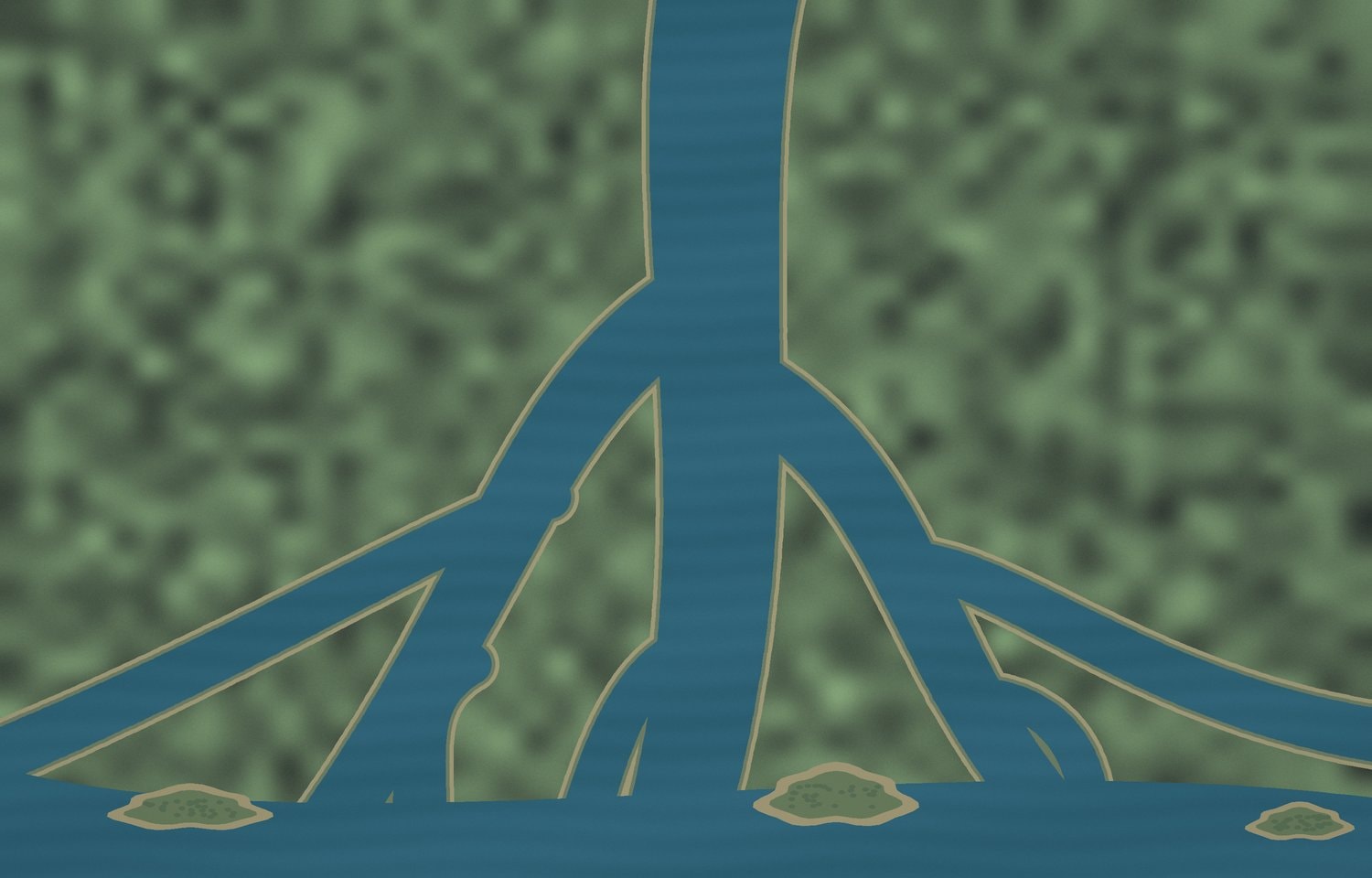 Branching blue river channels flowing through green wetlands into open water.