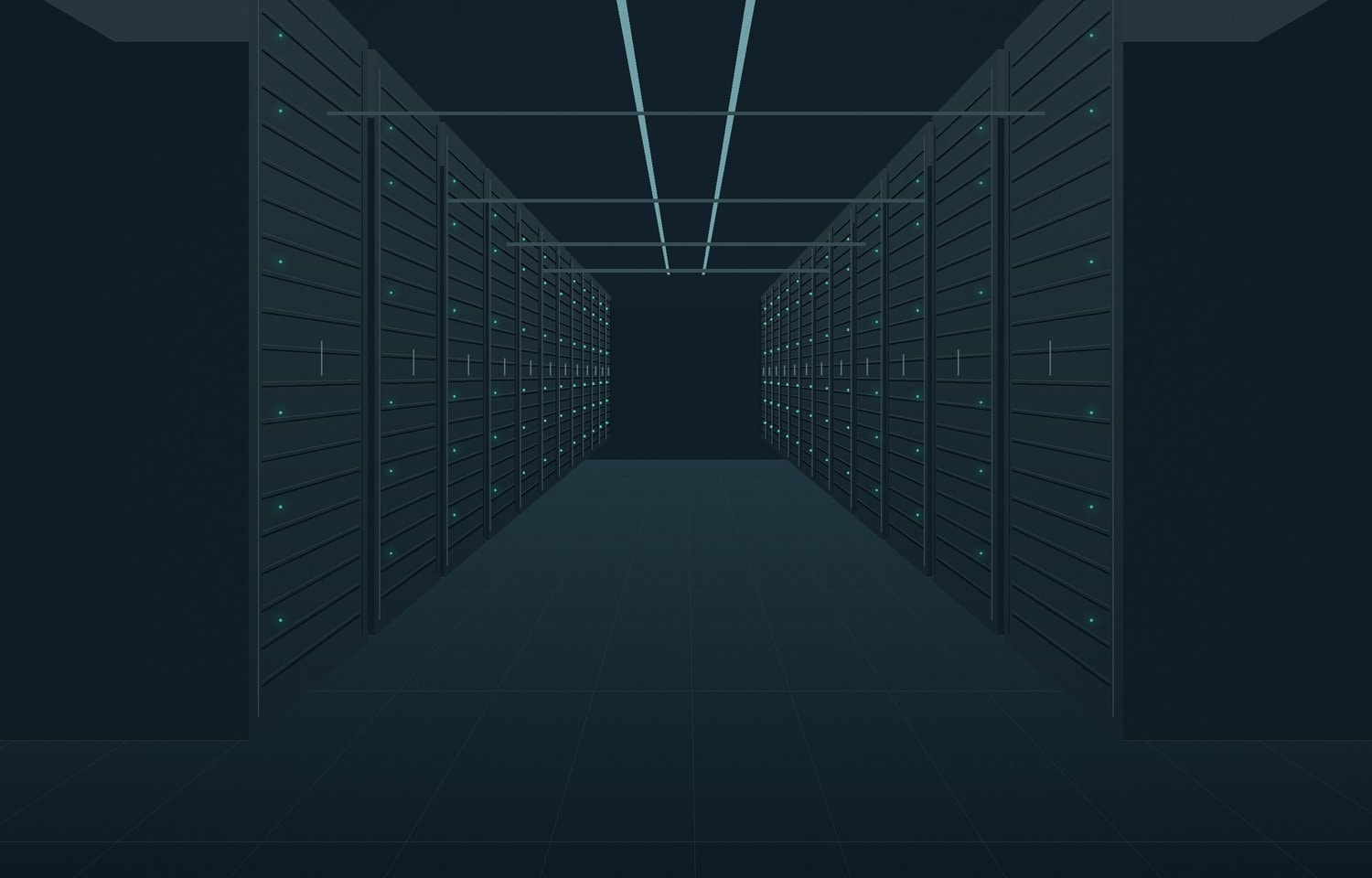 Rows of dark server cabinets beside a dim aisle with green indicator lights.