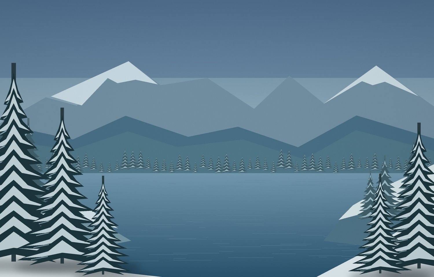 Snow-covered pine trees beside a still mountain lake at dusk.